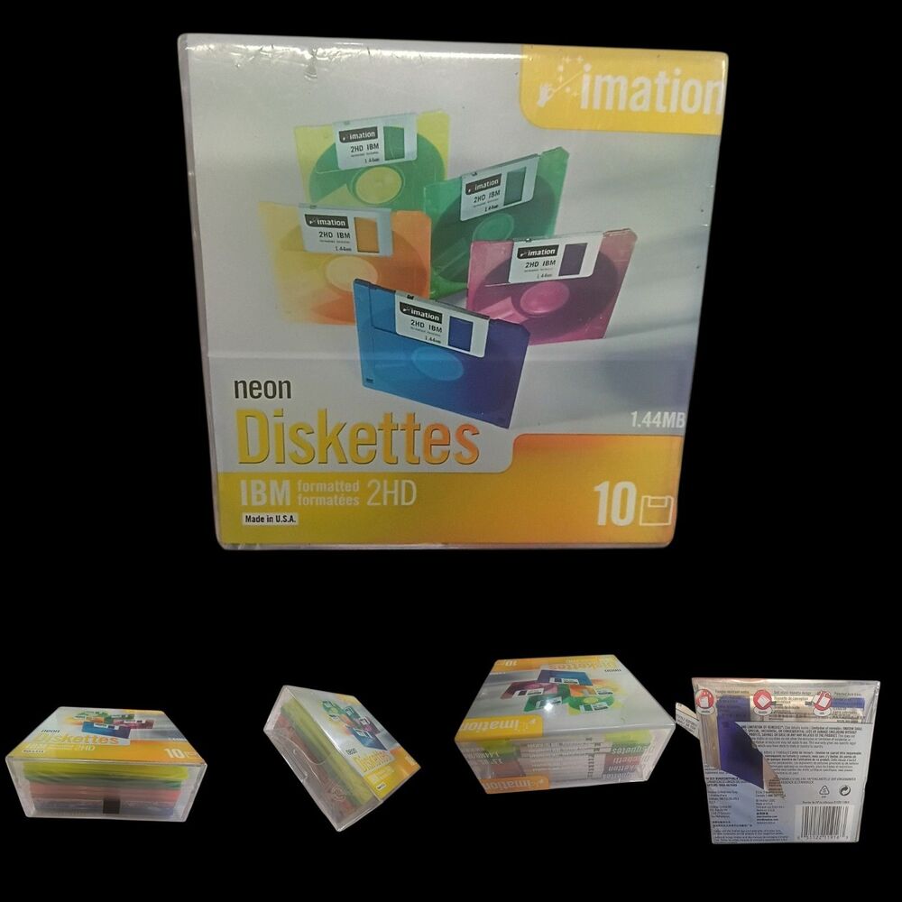 10 Pack Imation Neon Diskettes IBM Formatted 2HD 1.44MB New Sealed